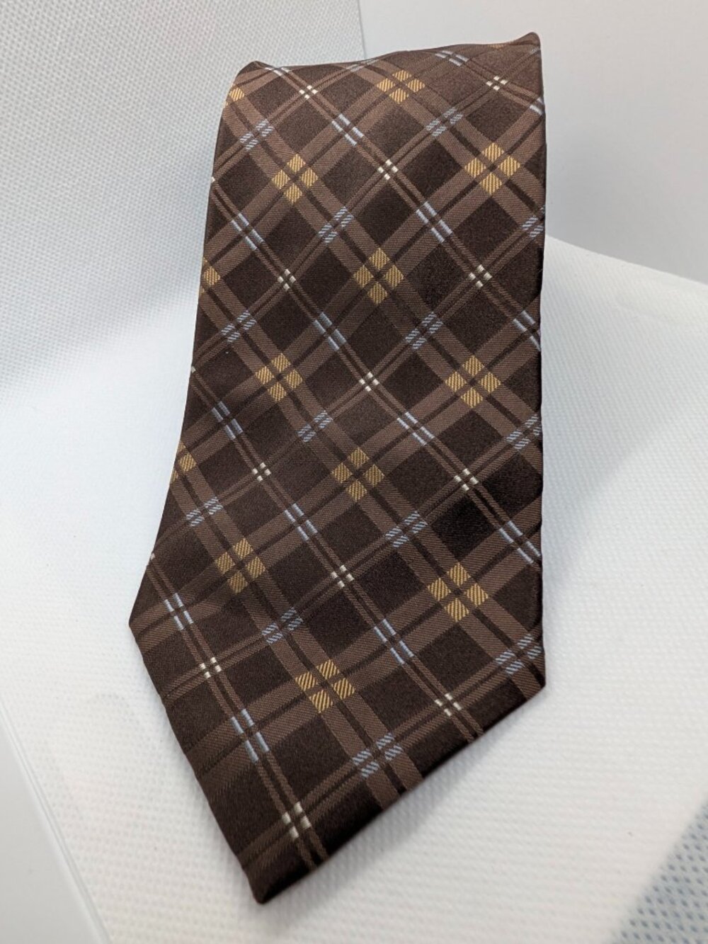 Geoffrey Beene Mens Brown Plaid Silk Neck Tie Classic